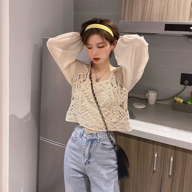Brroa Áo Sweater Dệt Kim Dáng Rộng Tay Phồng Dài Cổ Vuông Phối Ren Hình Học Ghép Nối Cho Nữ