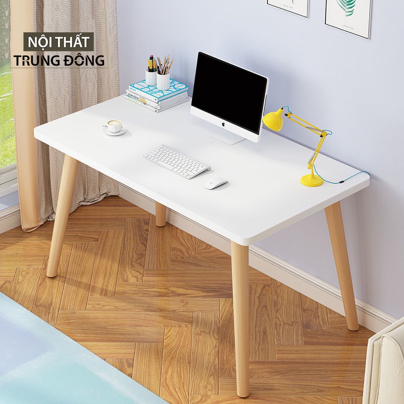Bàn làm việc bàn học MDF trắng Bắc Âu chân gỗ cao su tháo lắp tiện lợi T26