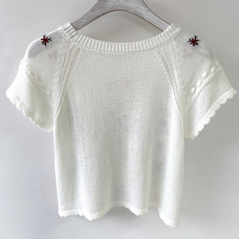 Áo Thun Dệt Kim Cổ Tròn Thêu Họa Tiết Xinh Xắn Kiểu Hàn Quốc Cho Nữ