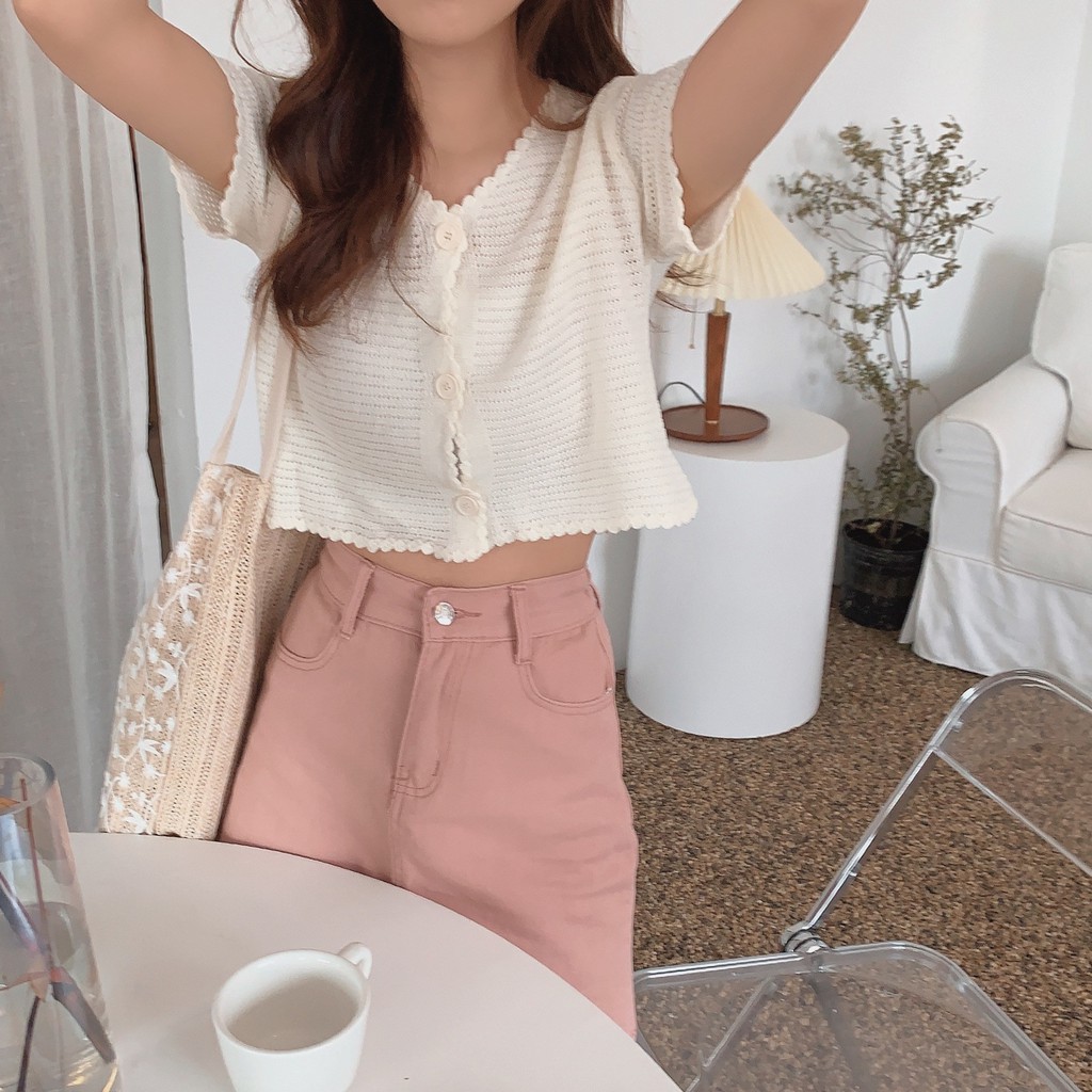 [CÓ SẴN] Áo kiểu len mỏng tay ngắn cài nút màu trắng phom lửng croptop