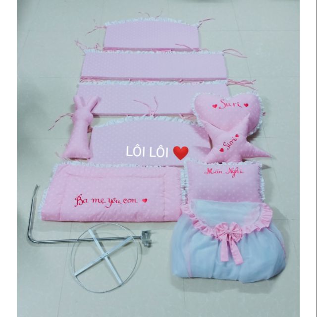 Combo quây cũi, chăn, ga, màn, khung màn, gối nằm và gối ôm