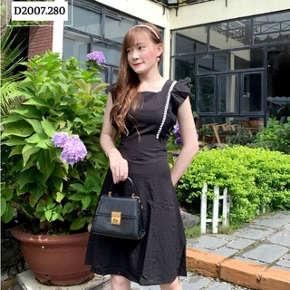  Đầm Nữ NHẬT VY Cổ Vuông Tay Cánh Tiên Phối Ren Dây Cột Eo Chất Linen Công Sở Dáng Xòe Màu Cam Xanh Trắng Đen - D2007 