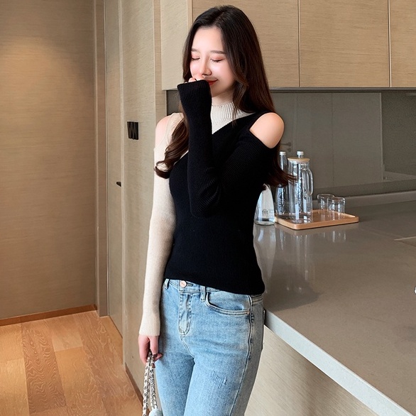 【ZHELIHANGFEI】Áo Sweater Dệt Kim Tay Dài Cổ Lọ Thiết Kế Trễ Vai Quyến Rũ