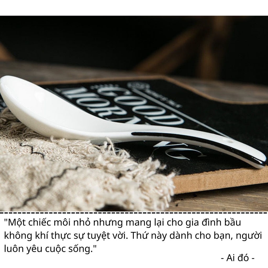 Môi sứ trắng viền đen muôi múc canh, vá canh bằng sứ tinh tế, dày dặn, chất lượng cao - Huy Thắng