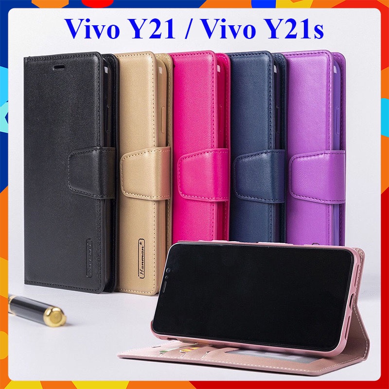 Bao da dạng ví Vivo Y21, Vivo Y21s (dùng chung) hiệu Hanman cao cấp, ngăn đựng thẻ ATM tiền tiện lợi