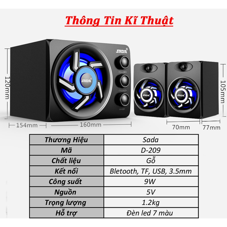 Loa Vi Tính Soundmax Máy Tính, Tivi Bluetooth Để Bàn SADA D-209, Âm Thanh Siêu Trầm, Có Led Nháy 7 Màu