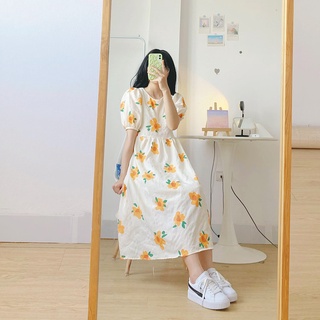 Váy Đầm Nữ Hoa Nhí Cam Babydoll Đi Du Lịch Biển Mùa Hè cổ tròn body dáng dài tay ngắn thiết kế vintage Hiva Cloth