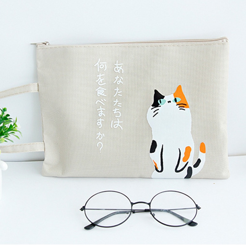 Túi Đựng Tài Liệu Khổ A4 Bằng Vải Canvas Có Khóa Kéo Gắn Tường Họa Tiết Mèo Hoạt Hình Dễ Thương Jp5