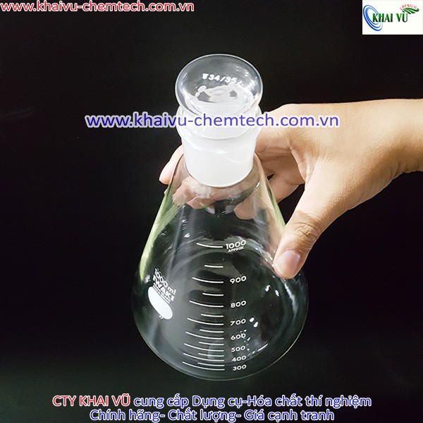 [HÃNG IWAKI - NHẬT] Bình tam giác Erlenmeyer thủy tinh chịu nhiệt 500ml 1000ml CÓ NÚT NHÁM KÈM