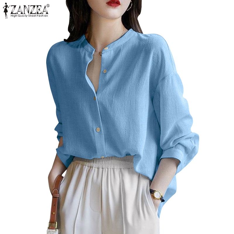 ZANZEA Áo Thun Tay Dài Cổ Tròn Màu Trơn Cài Nút Đơn Giản Thời Trang Đường Phố Cho Nữ