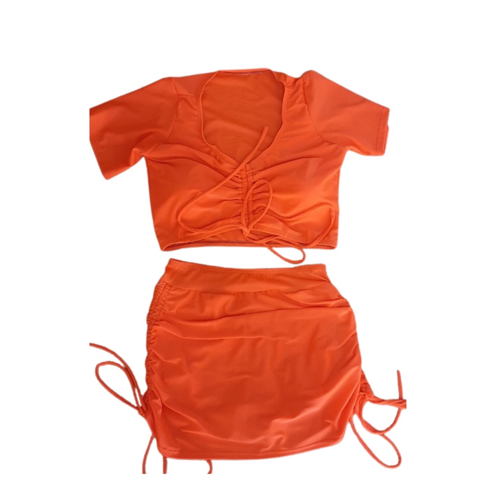 Đồ Bơi Nữ Bikini LANBISHOP Hai Mảnh Áo Tay Ngắn Rút Ngực Chân Váy Rút Dễ Thương 004