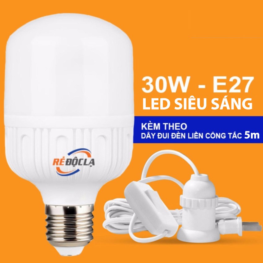 Đèn Led Buld Trụ 30W ánh sáng Trắng kèm dây có đui đèn và công tắc - Đèn led siêu sáng