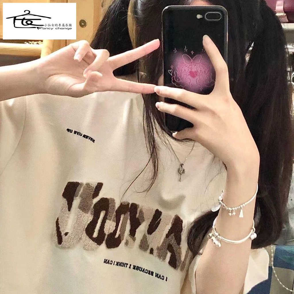 Áo Thun 100% Cotton Nguyên Chất Tay Ngắn Dáng Rộng In Chữ Thời Trang Xuân Hè Hàng Mới Phong Cách Đường Phố Cho Nữ