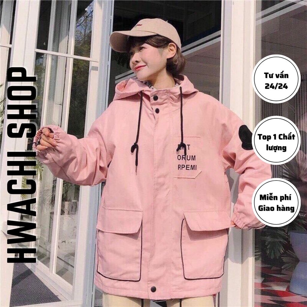 Áo khoác kaki ERT 2 lớp dáng rộng kèm mũ in chữ khóa kéo 4 màu G033