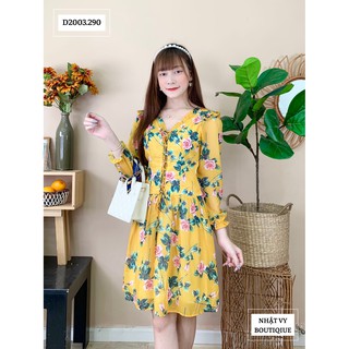 Đầm tơ hoa tay dài đan ngực - D2003