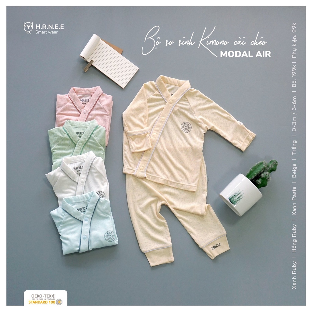HRNEE. Bộ sơ sinh Kimono cài chéo và phụ kiện Modal Air