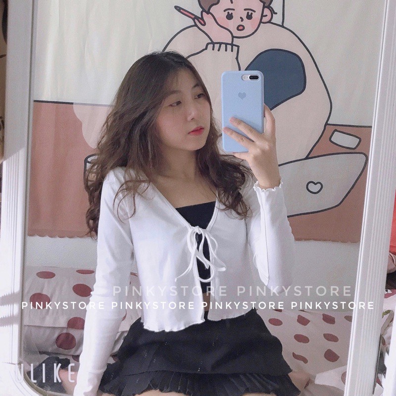 (Chưa kèm áo trong) Áo croptop tay dài cột nơ PINKYSTORE | BigBuy360 - bigbuy360.vn