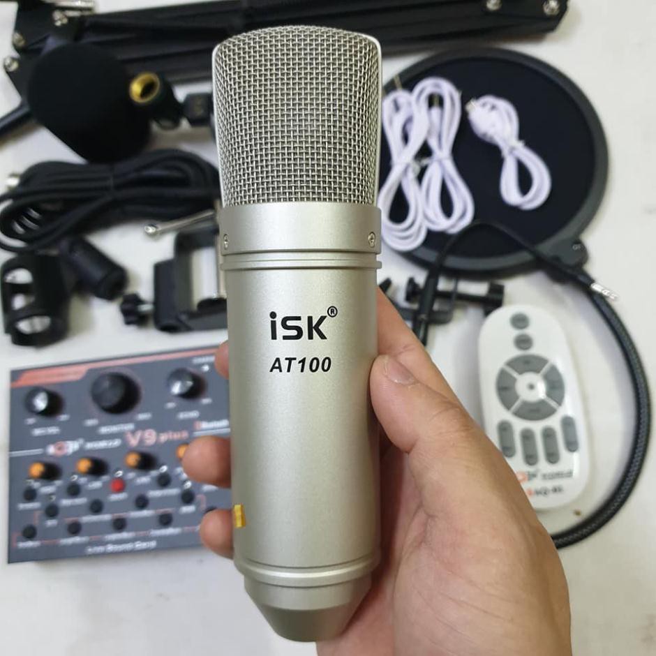 combo bộ mic thu âm hát livestream karaoke micro ISK AT100 card V9plus chân kẹp màng lọc BH 6 tháng