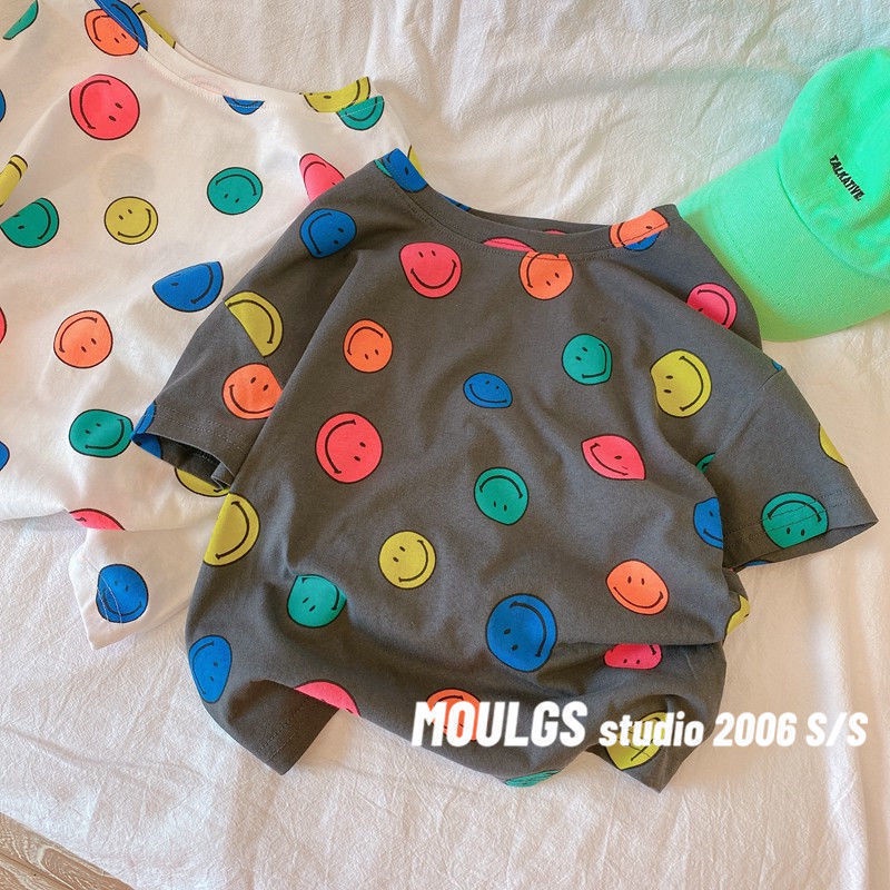 Áo Thun Tay Ngắn In Hình Mặt Cười Chất Liệu Cotton Phong Cách Hàn Quốc Mới Cho Bé