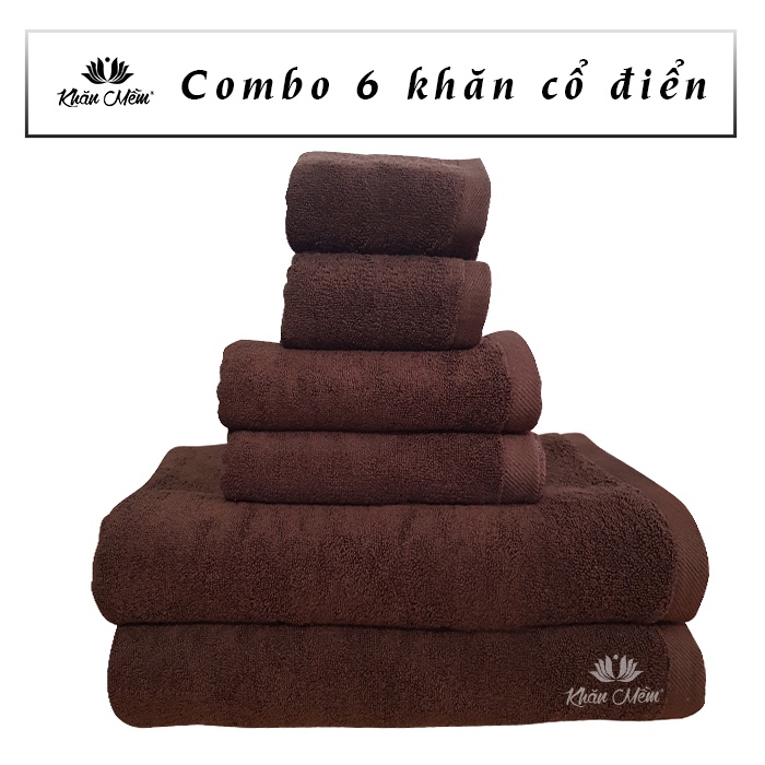 Bộ Combo 6 Khăn Cao Cấp Khăn Mềm Cổ Điển 100% Cotton, Không Ra Màu, Không Xổ Lông, Thấm Hút Nước Siêu Tốt