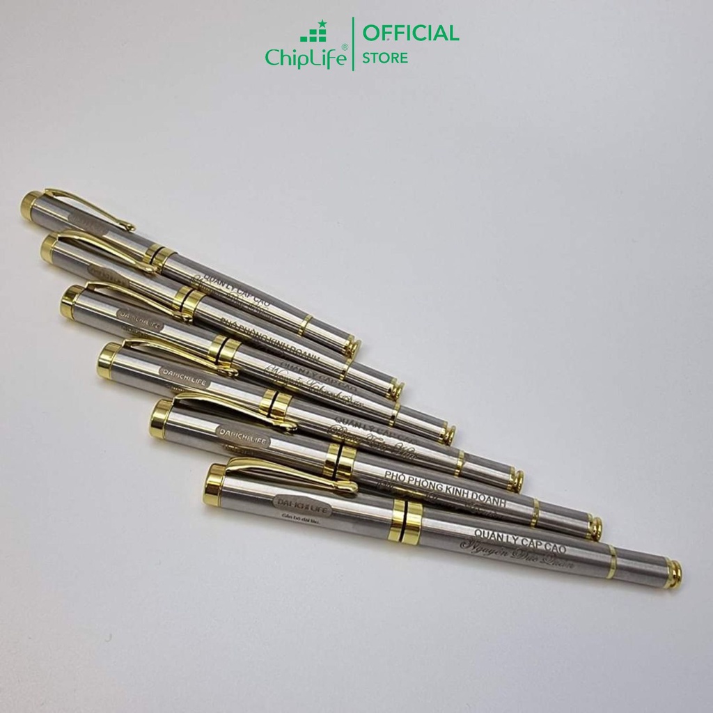 Bút kim loại khắc tên theo yêu cầu CHIPLIFE bạc viền vàng P027BV - Ngòi 0.5mm mực xanh