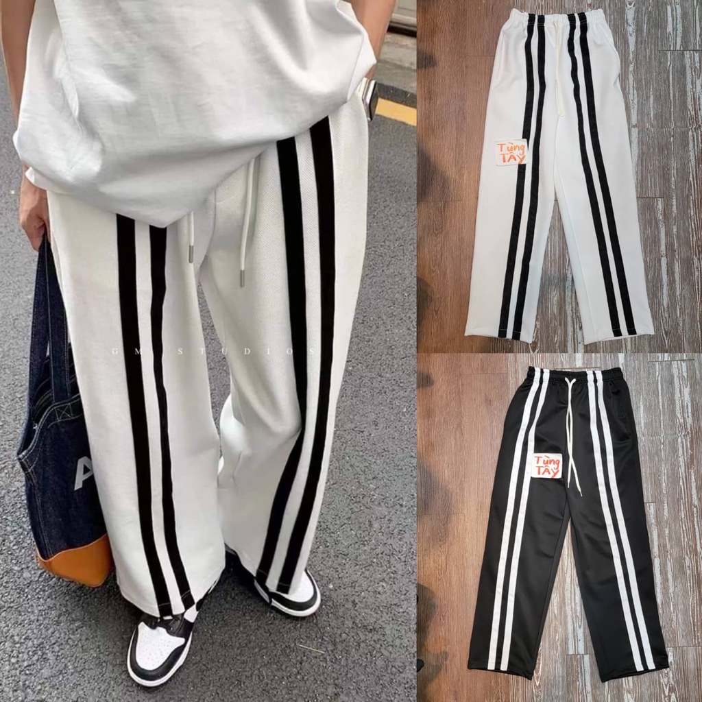 Quần Nỉ 2 Sọc Line ( Pant 2 Line ) Ống Suông Rộng Phong Cách Unisex Nam &amp; Nữ - Chất Liệu Nỉ Trơn Co Giãn Cực Thoải Mái