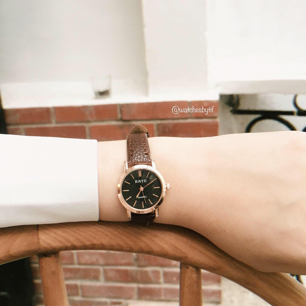 Đồng hồ nữ dây da mặt nhỏ RATE TRÒN nâu mặt đen đồng hồ nữ chính hãng Watchesbytif đẹp giá rẻ size 22mm