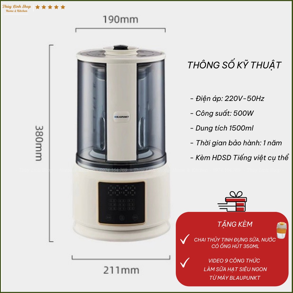 MÁY LÀM SỮA HẠT BLAUPUNKT CHỐNG ỒN GẤP 5 LẦN - XAY NẤU SỮA HẠT MIN THƠM - KHÔNG CẦN LỌC - CHÍNH HÃNG BẢO HÀNH 1 NĂM