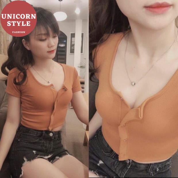 Áo Thun Croptop Tay Ngắn Len Tăm Phối Cúc Kim Loại Kẻ Sọc SHTACR01 Mys hitshop