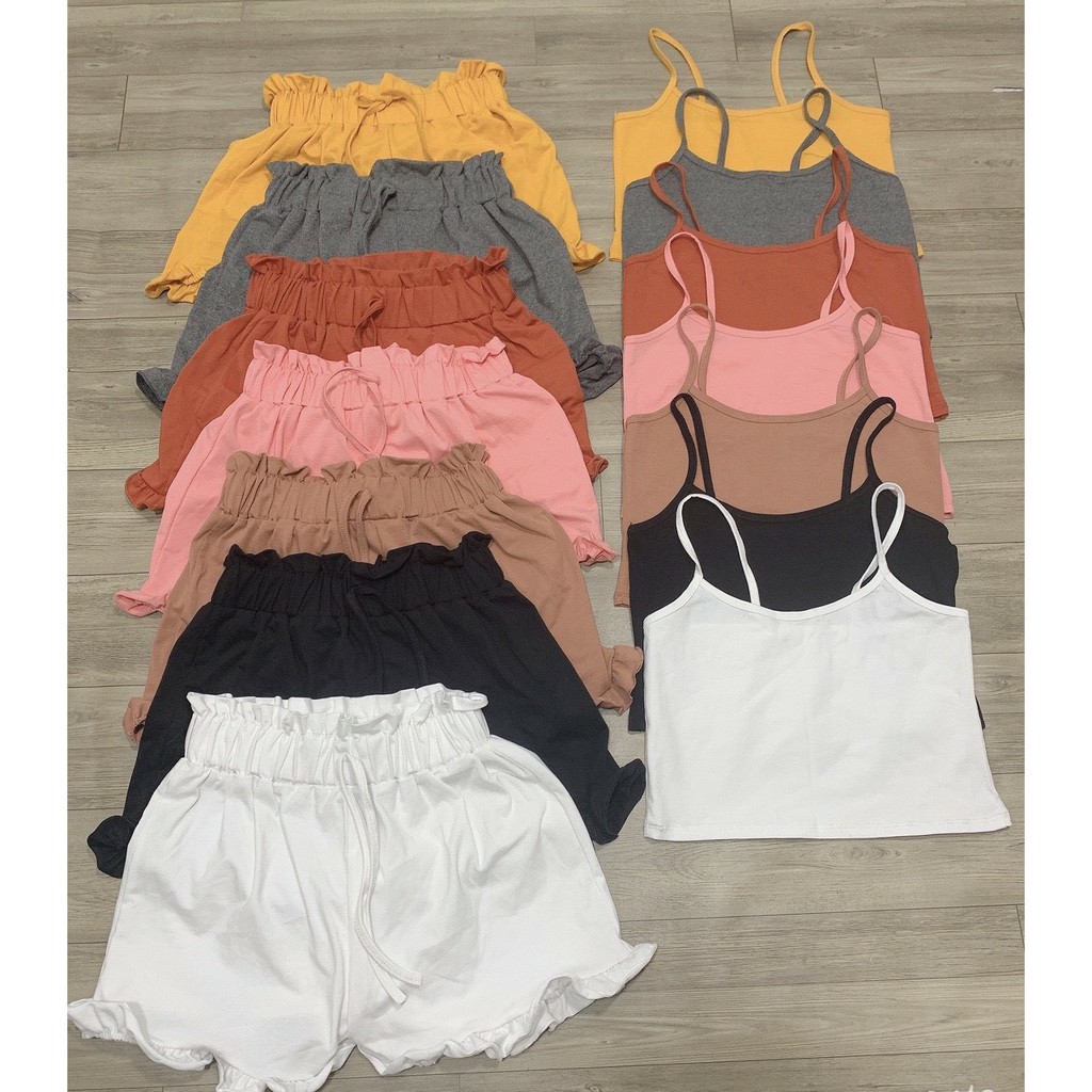 set bộ áo 2 dây croptop quần đùi xòe ảnh thật