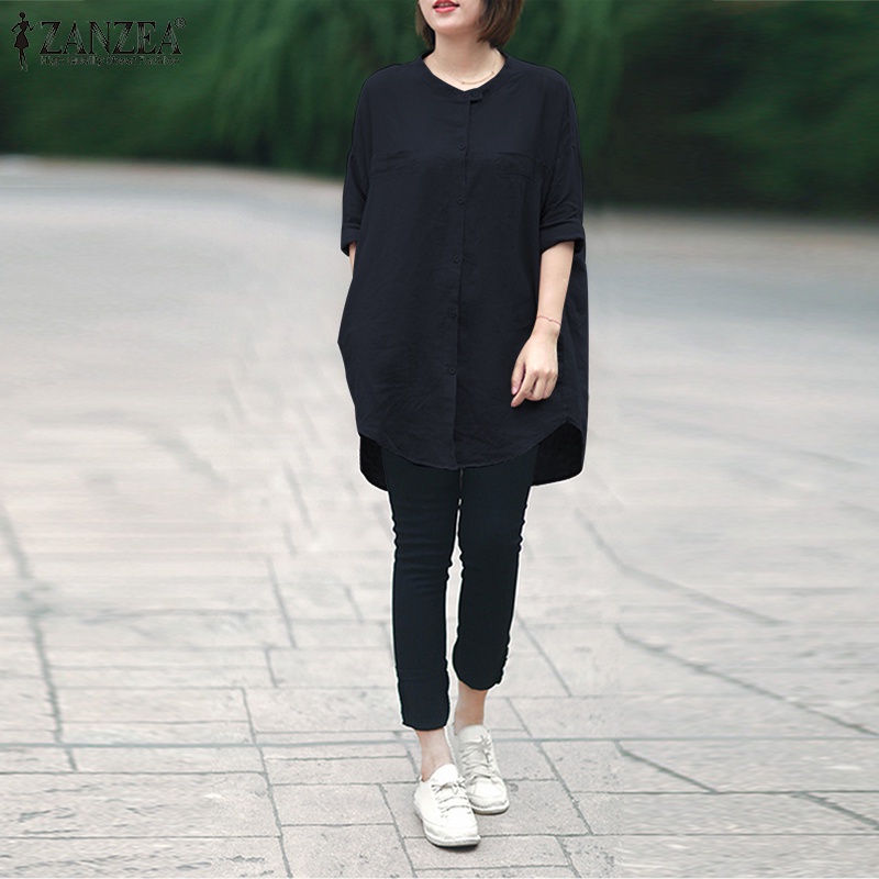 Áo kiểu ZANZEA cổ tròn hàng nút gài phía trước tay áo ba phần tư thời trang cho nữ