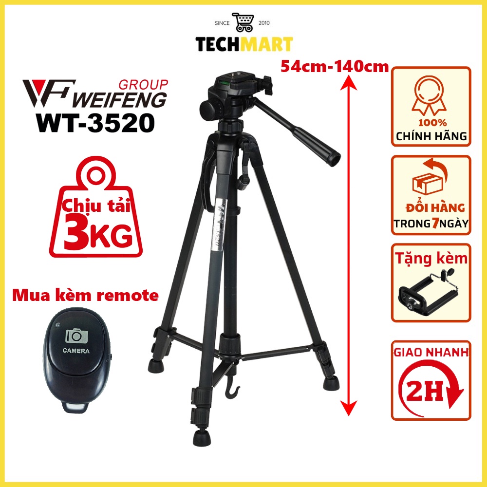 Chân máy ảnh, tripod Weifeng WT-3520, khung nhôm cao cấp, tặng kèm kẹp điện thoại