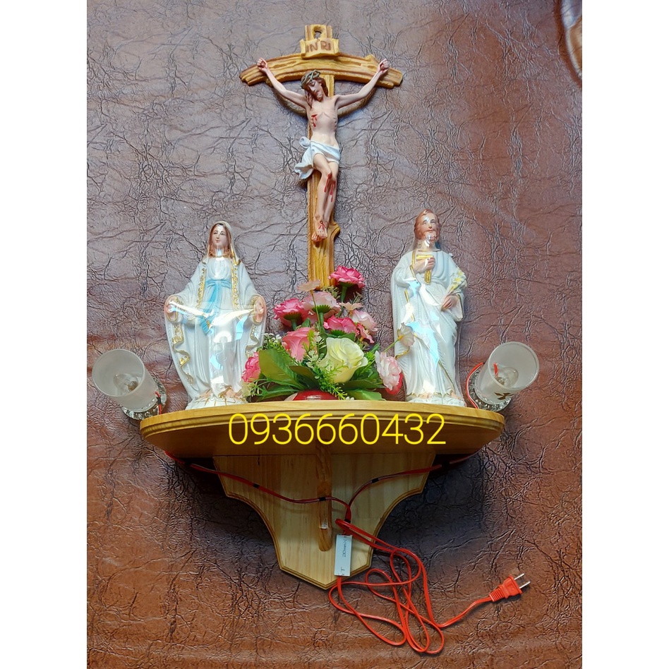 BỘ BÀN THỜ GỖ  TƯỢNG MẸ VÀ THÁNH CAO 30CM, THÁNH GIÁ CHÚA CAO 40CM MÀU TRẮNG(COMBO BÀN THỜ SIZE 30CM MINI