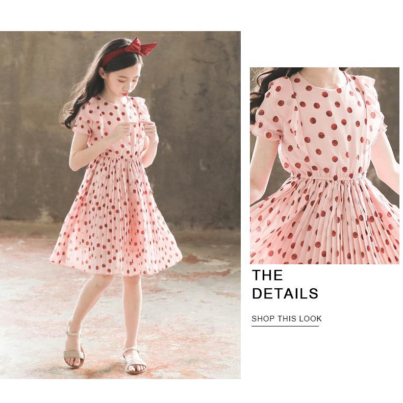 Đầm Chiffon Cổ Tròn Tay Ngắn Họa Tiết Chấm Bi Xinh Xắn Cho Bé Gái Từ 3-4 - 5-6 - 7-8 - 9-10 - 11-12 Tuổi