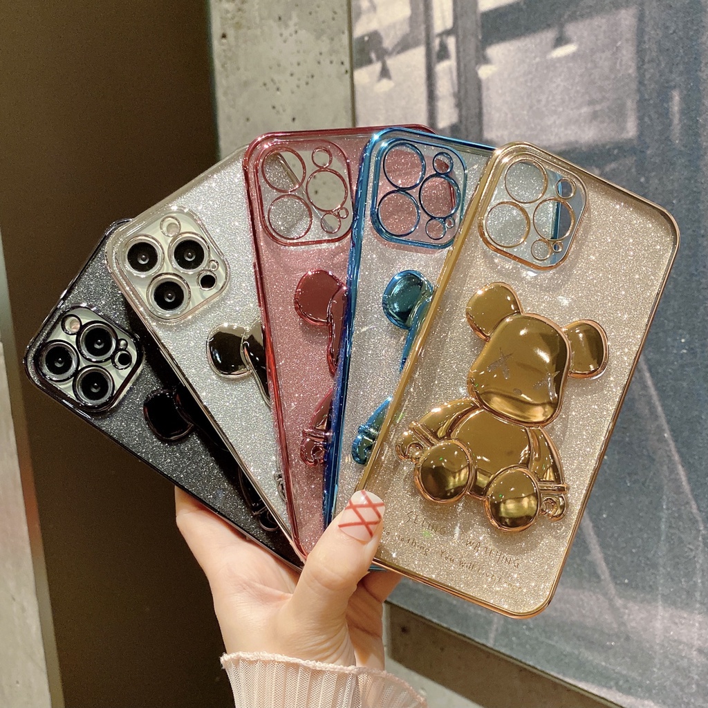 Ốp Điện Thoại Cạnh Vuông Mạ Điện Họa Tiết Gấu Cho iPhone 13 12 11 Pro Max XS Max XR X
