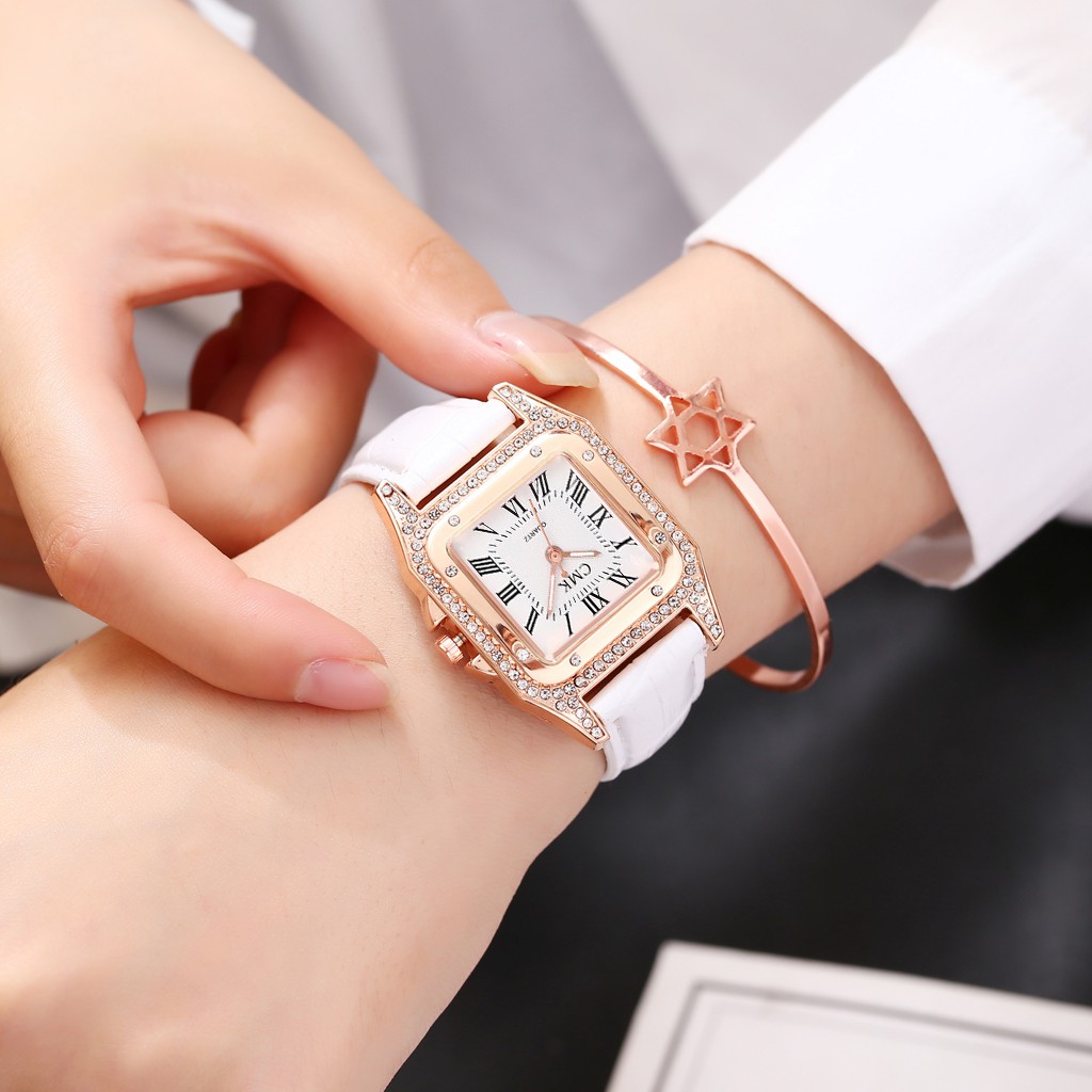 Đồng hồ cơ phối dây da mặt hình vuông đính đá nhiều màu sắc thời trang cho nữ