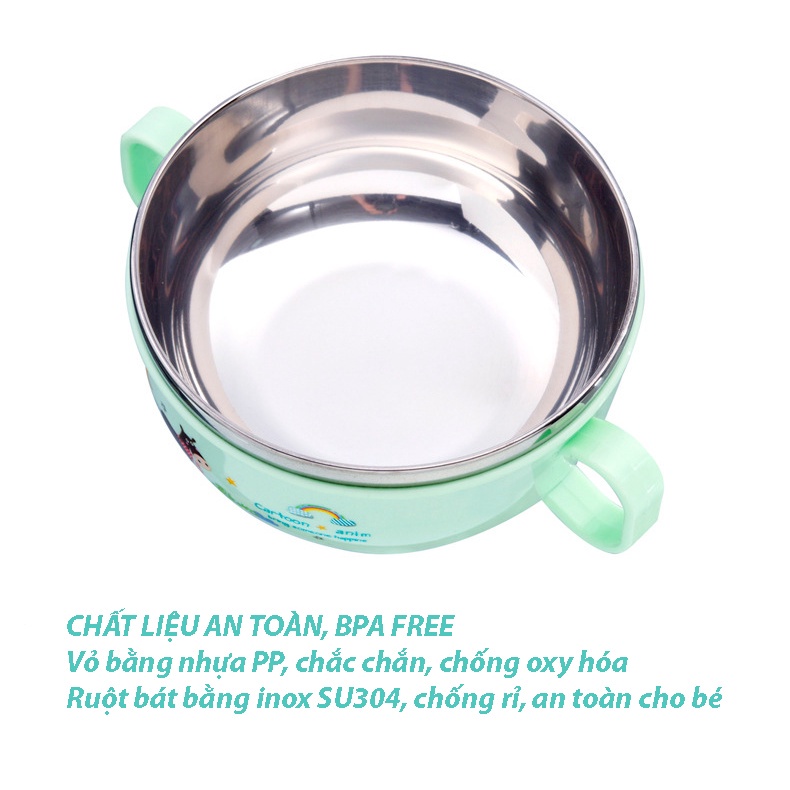 Bộ bát thìa inox cách nhiệt hai lớp có tay cầm và nắp đậy cho bé tập ăn