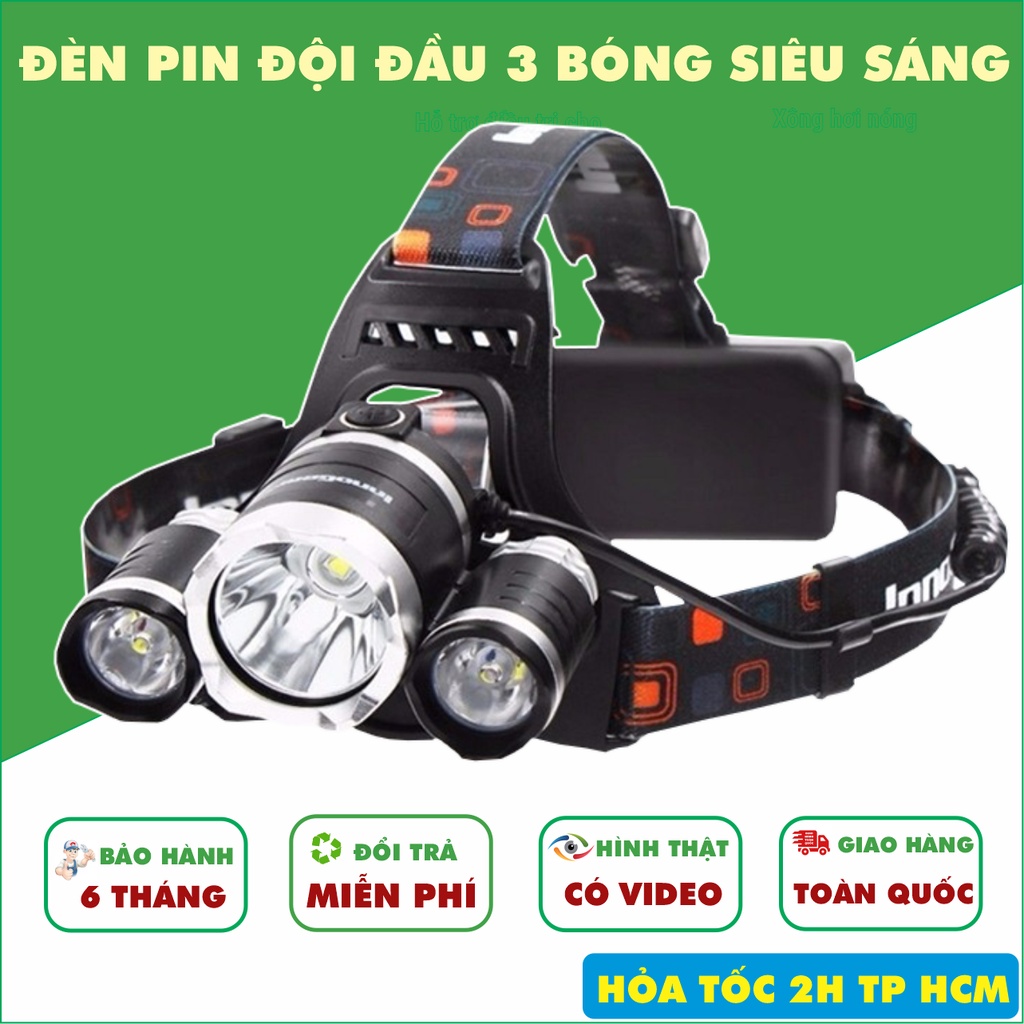 Đèn Pin Đội Đầu 3 Bóng Led T6- Siêu Sáng, Kèm Pin, Sạc