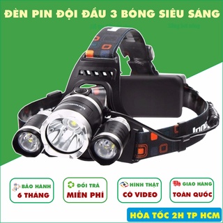 Đèn Pin Đội Đầu 3 Bóng Led T6- Siêu Sáng, Kèm Pin, Sạc