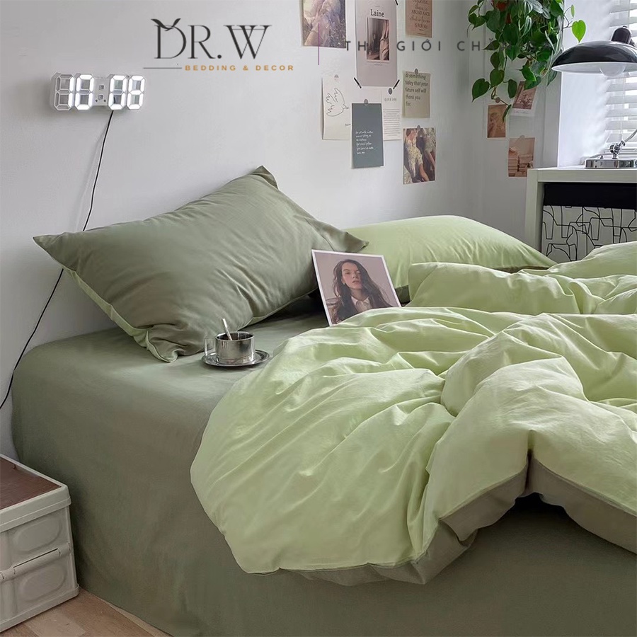 Bộ chăn ga giường gối nệm set 4 món cotton tici mang phong cách hàn quốc DR.W cao cấp bo chun drap - Thế Giới Chăn Ga