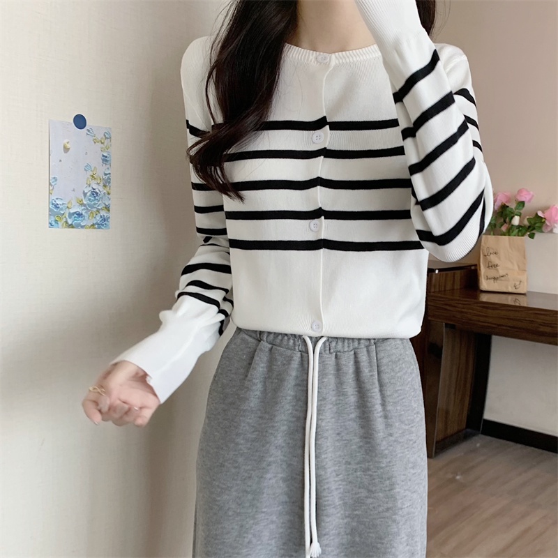 Áo cardigan dệt kim SUXI tay dài dáng rộng cổ tròn họa tiết kẻ sọc phong cách vintage Hàn Quốc