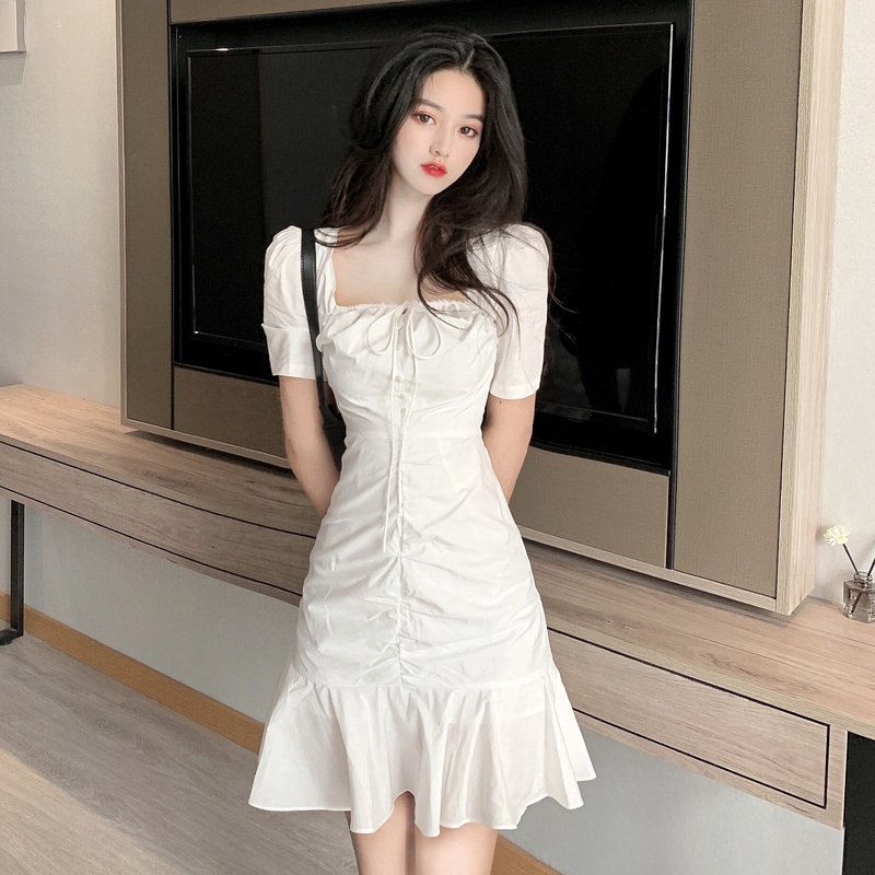 Váy mini cổ vuông phối dây thắt nơ thời trang phong cách Pháp cho nữ | BigBuy360 - bigbuy360.vn