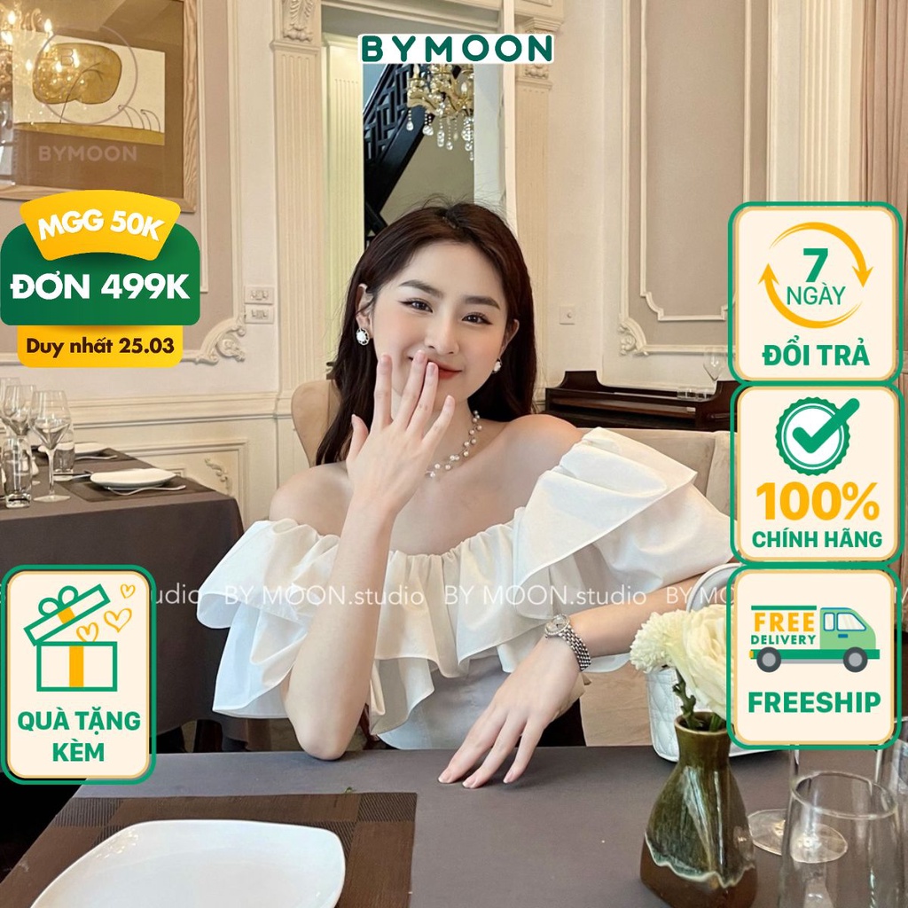Áo croptop trắng trễ vai tay bồng xếp tầng cách điệu tiểu thư chất thô hàn mát thiết kế bởi BYMOON A002.