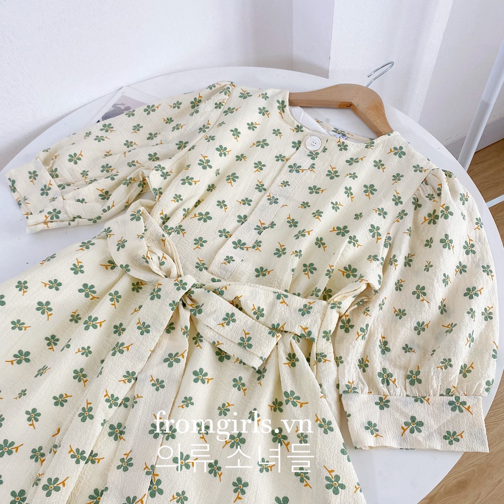 Váy hoa nhí vintage, đầm hoa nhí dáng dài tay phồng có dây buộc eo brown.clothes  - V55