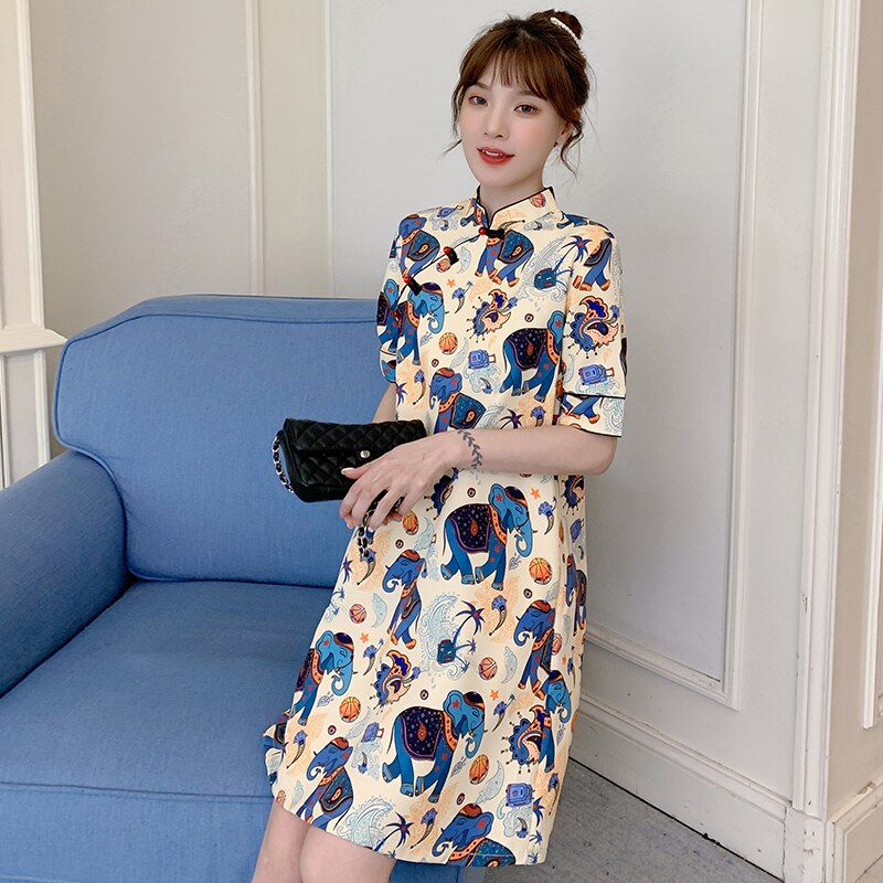 CNY Plus Size M-4XL 3XL 2021 Summer Loose Fashion Modern Cheongsam Dress for Women Short Sleeve Qipao Traditional Chinese Clothes | BigBuy360 - bigbuy360.vn