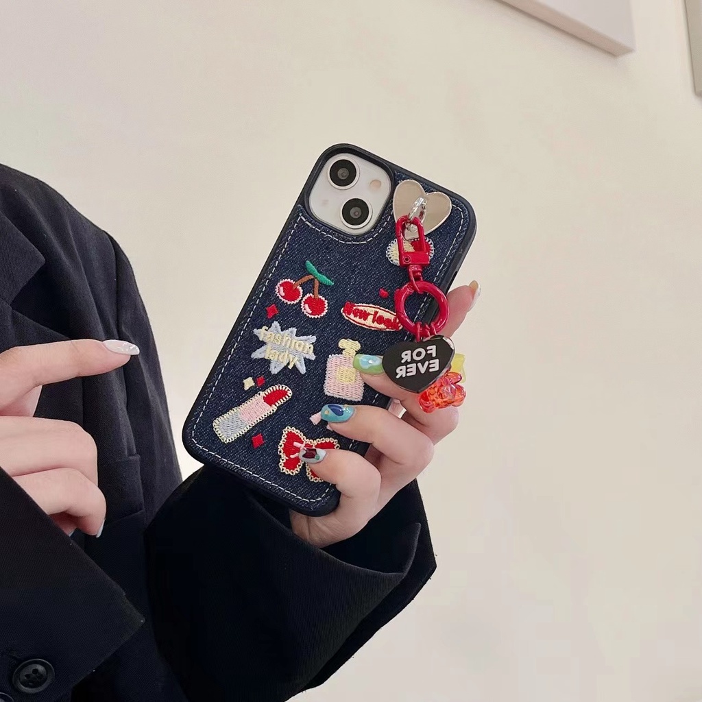 Ốp Điện Thoại Tpu denim Mềm Chống Trượt Thêu Hình Hoạt Hình Có Dây Đeo Cổ Tay Cho iphone 11 12 13 pro xs max xr