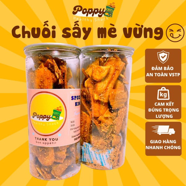 Chuối Sấy Mè Gừng POPPY Hũ 250gr, đặc sản Đà Lạt, đồ ăn vặt ngon, hộp zip cao cấp