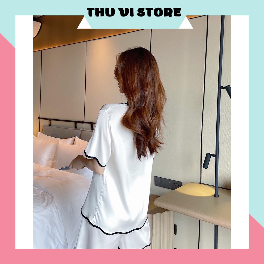 Đồ Bộ Nữ, Bộ Pijama Lụa Áo Nữ Cổ Lật Quần Cọc Viền Gợn Sóng Chất Lụa Satin 3 Màu Hồng, Đen, Trắng Form Dáng Rộng Dưới 60 | BigBuy360 - bigbuy360.vn