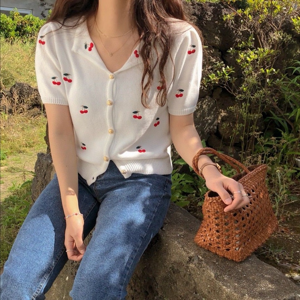 Áo Thun Dệt Kim Tay Ngắn Mỏng Họa Tiết Quả Cherry Dễ Thương Dành Cho Nữ  tao bao