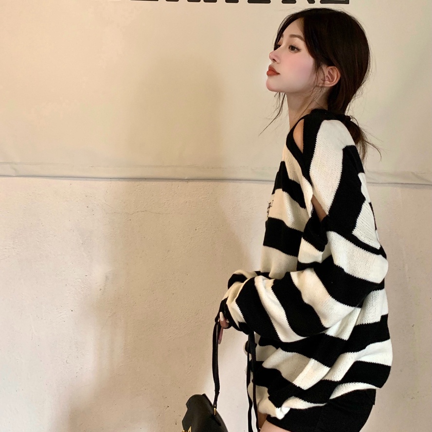 Áo Khoác Sweater Dệt Kim Mỏng Kẻ Sọc Kiểu Retro Hàn Quốc Thời Trang Mùa Thu Cho Nữ